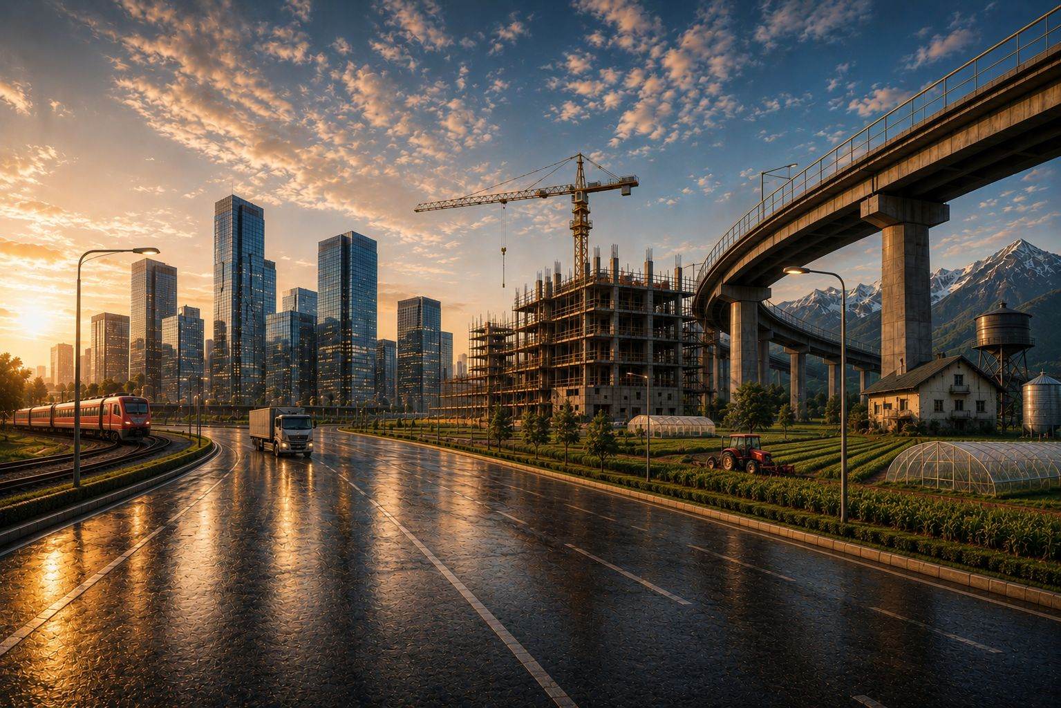 Highway, rail line and construction skyline at sunrise — infrastructure Shivani Sales supplies
